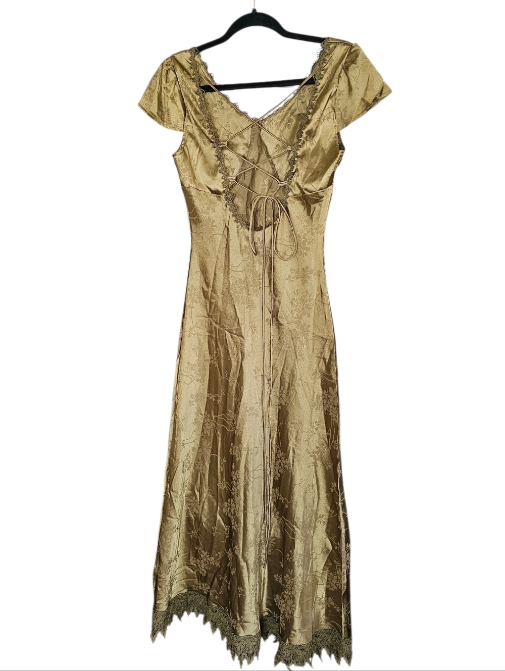 RIHOAS Olive Green Satin Maxi Dress with Lace Trim - Picture 5 of 9
